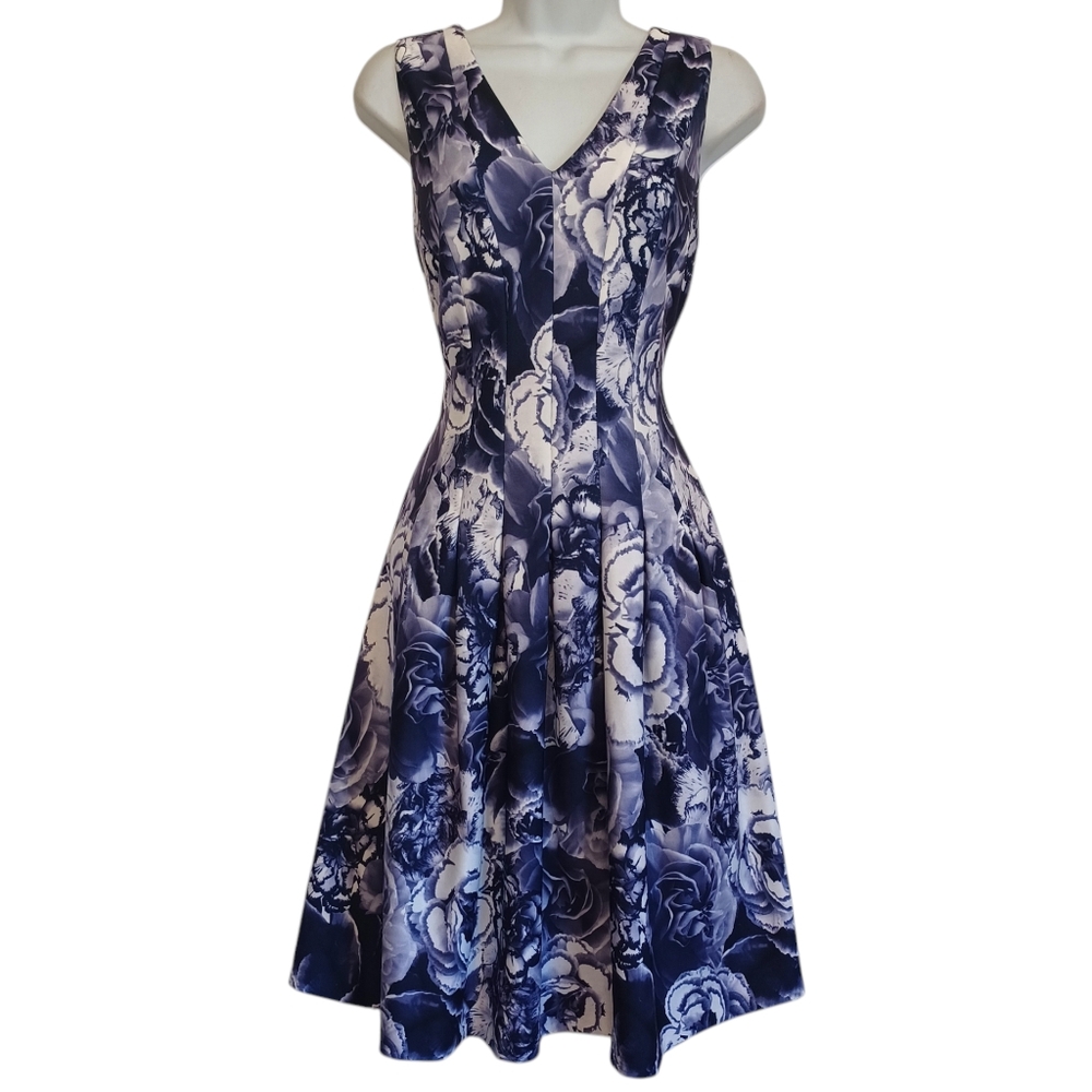 TOMMY HILFIGER Blue White Floral Print Sleeveless A-Line Midi Dress 8 Medium